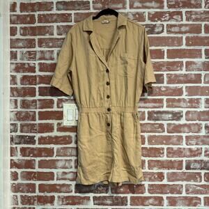 Faherty Short Sleeve Utility Romper Womens Small Tan Button Front Elastic Waist